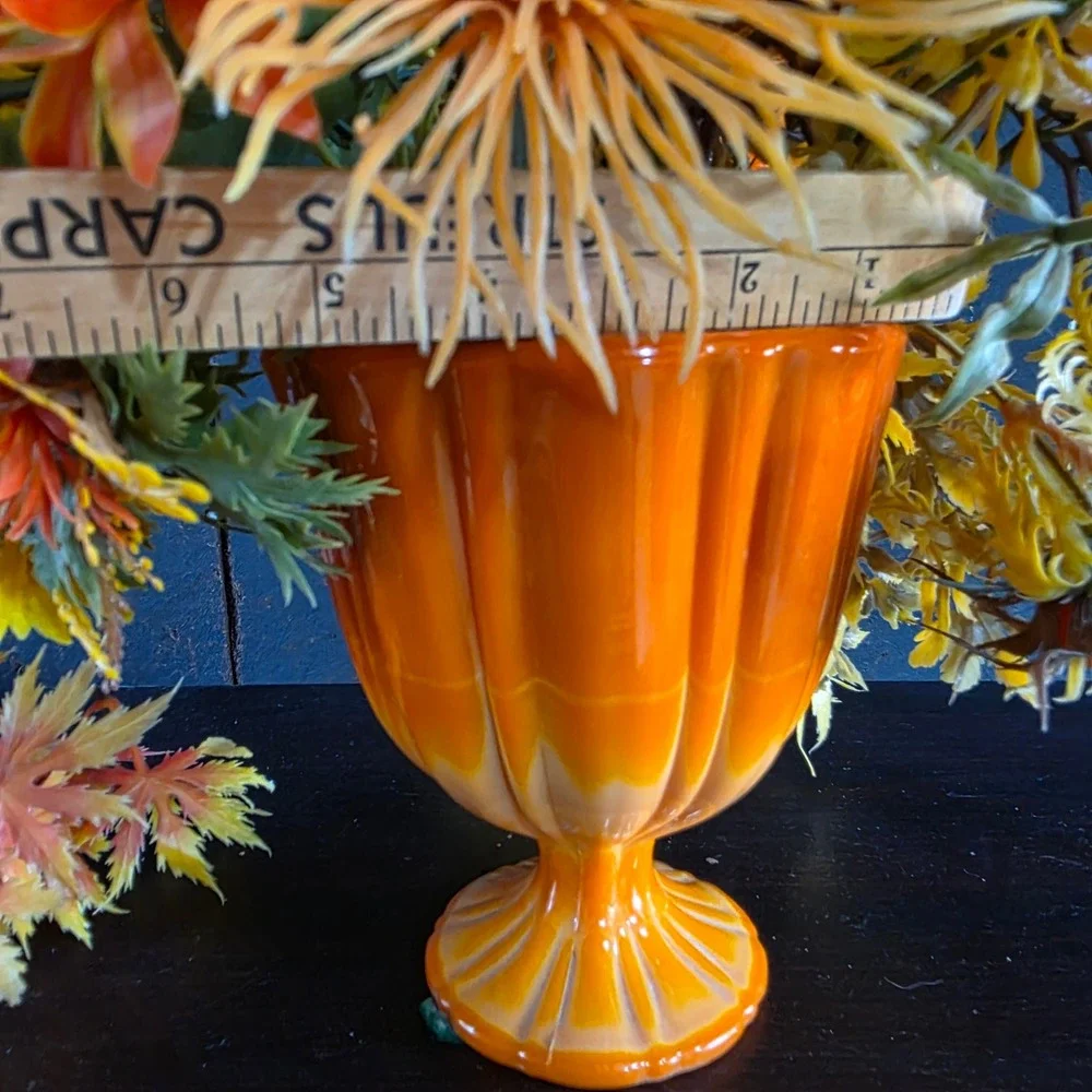 60s Plastic Flower Power Arrangement Orange Autumn Groovy in Slag Glass Vase